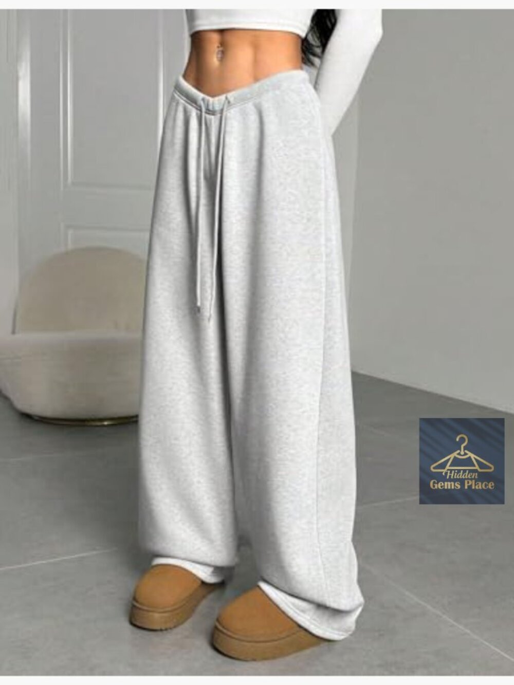 Fleece Lined Wide Leg Sweatpants High Waist with Pockets - Picture 3 of 7